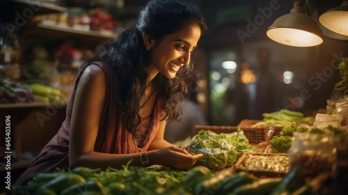 Indian young woman shopping in vegetable shop, cheerful expressions
