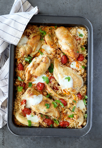 Chicken breast and rice casserole with mozzarella