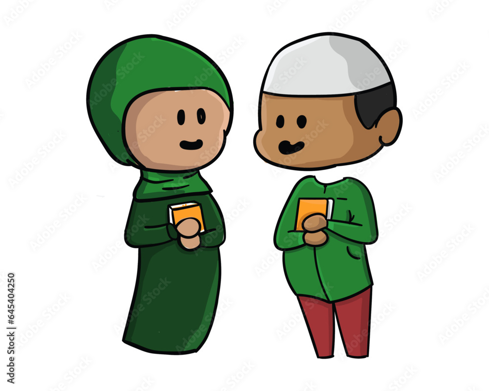 Hand drawn cartoon student muslim child couple holding quran Hand drawn cartoon student muslim child couple holding quran
