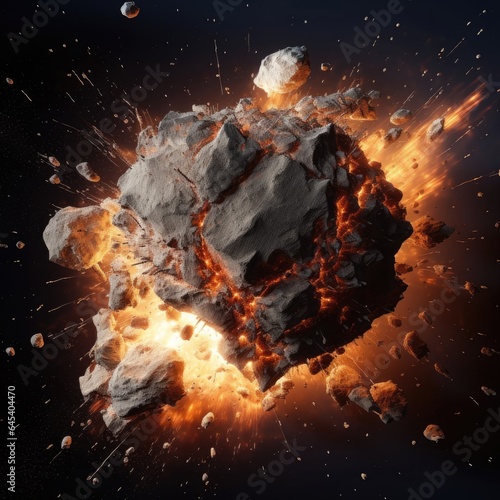 3D illustration of an asteroid or meteorite explosion in space with a lot of debris. © Songpol