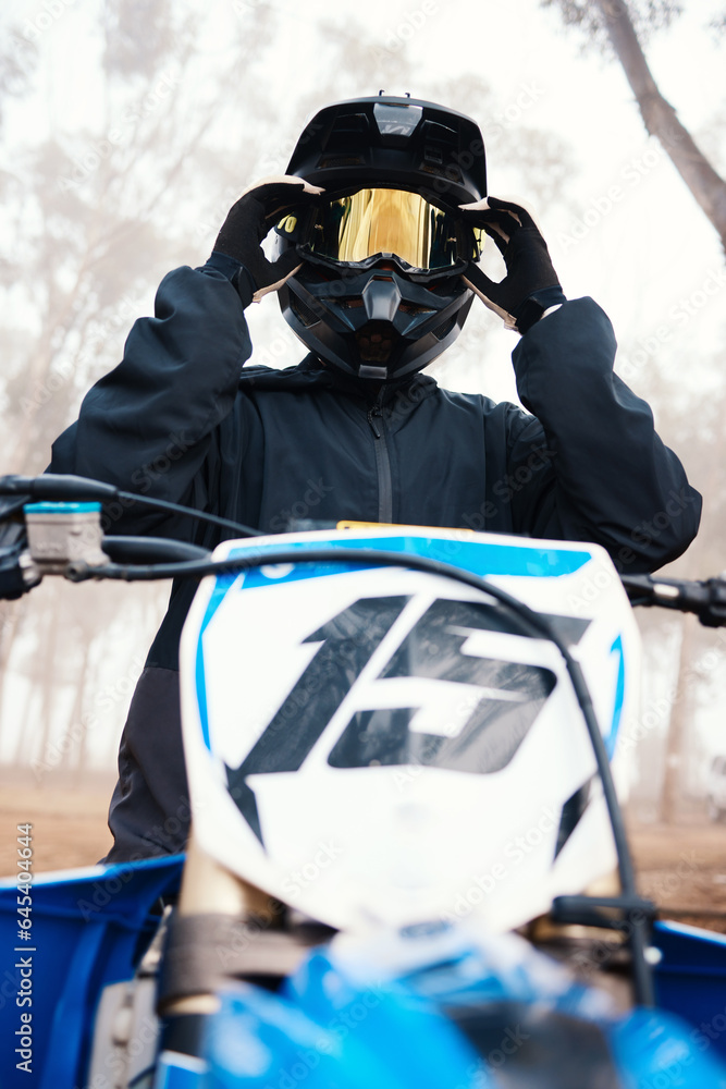 Naklejka premium Sports, dirt bike and speed with person on motorcycle in forest for challenge, training and performance. Fast, fitness and freedom with man riding in nature for travel, journey and adventure