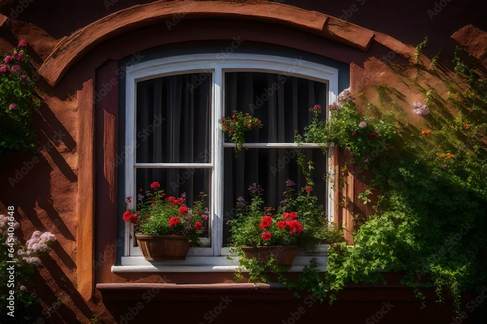 a classic wooden window frame, complete with mullions, and a flower box positioned in front of it - AI Generative