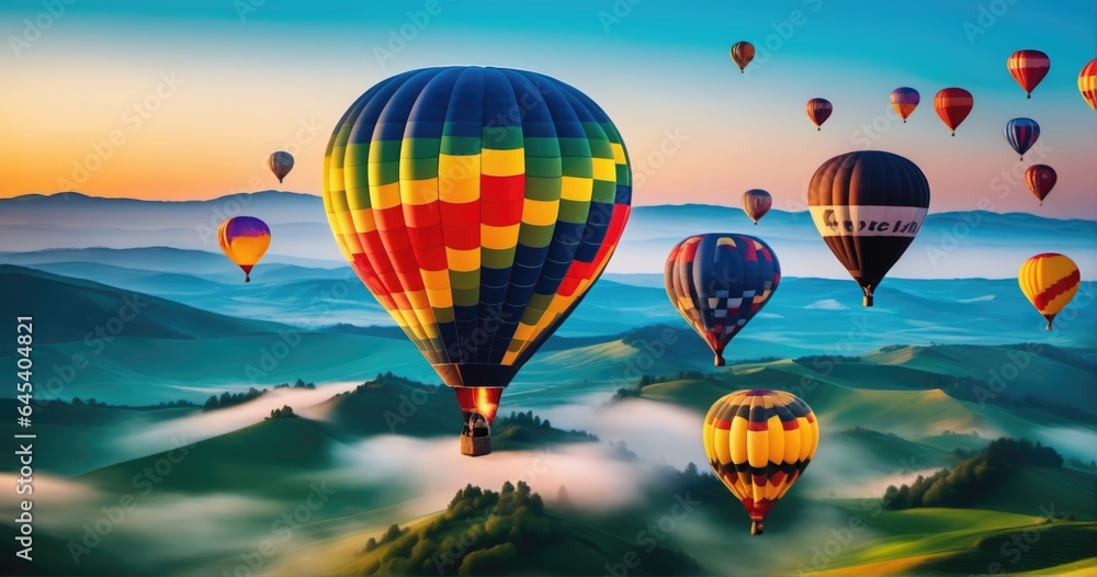Obraz premium Freedom in the Sky. Colorful hot air balloons symbolize the thrill of adventure and the joy of flying, great for travel and outdoor enthusiasts..