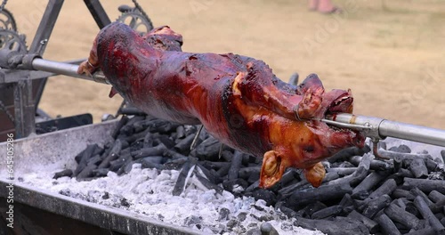 Roasted whole pig on fire. Grilled pig on skewer. Roasting pig on a spit turns slowly roasting it. Barbecue. Street food. 4k. Lechon or Suckling Pig a popular dish in Spain, Philippines and Italy photo