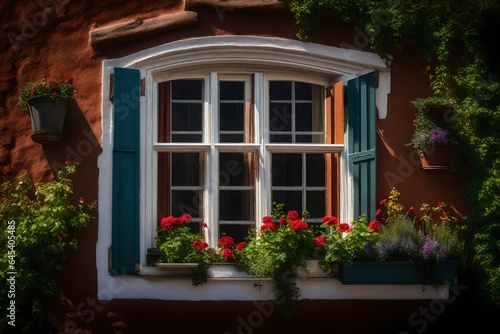 a classic wooden window frame, complete with mullions, and a flower box positioned in front of it - AI Generative