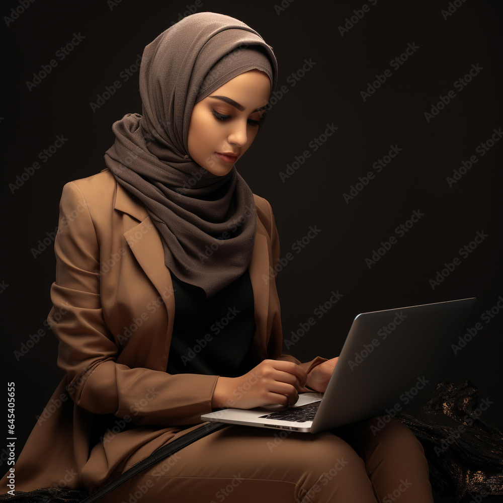 Photo of a beautiful Asian Muslim woman in casual wear working on a laptop in the modern new normal of clean. Photo of a beautiful Asian Muslim woman in casual wear working on a laptop in the modern new normal of clean.