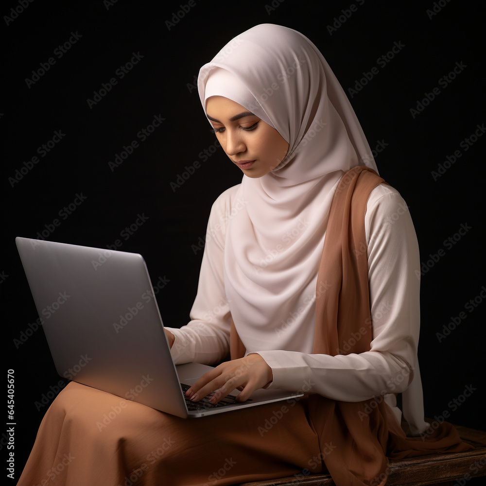 Photo of a beautiful Asian Muslim woman in casual wear working on a laptop in the modern new normal of clean. Photo of a beautiful Asian Muslim woman in casual wear working on a laptop in the modern new normal of clean.