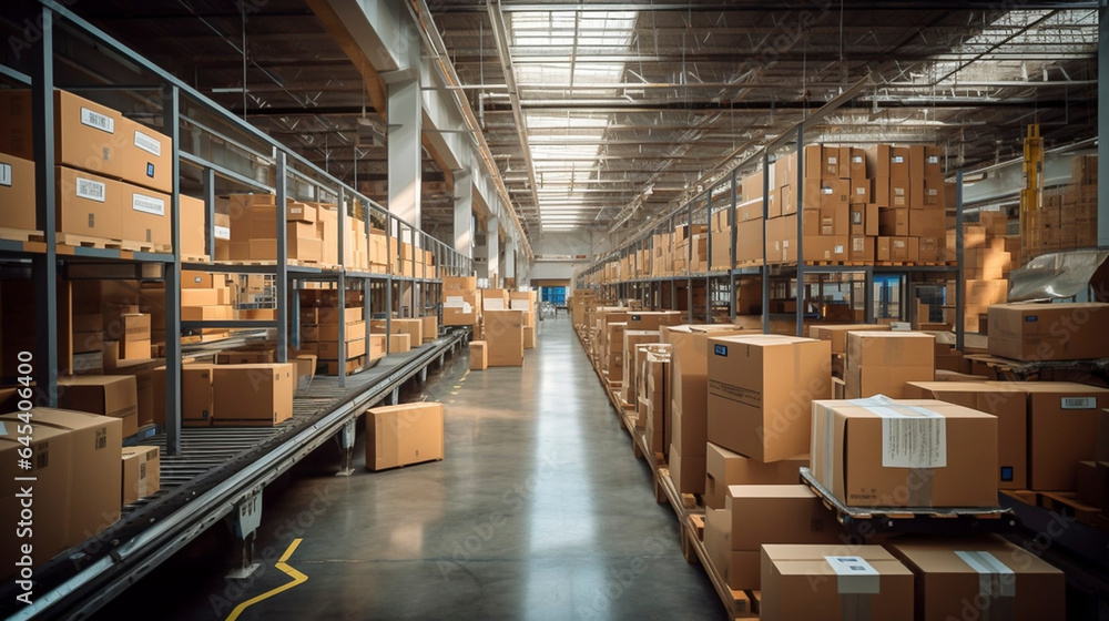 a photo of a post delivery service warehouse shelves filled with cardboard boxes and packages packets moving on a conveyor belt for sorting