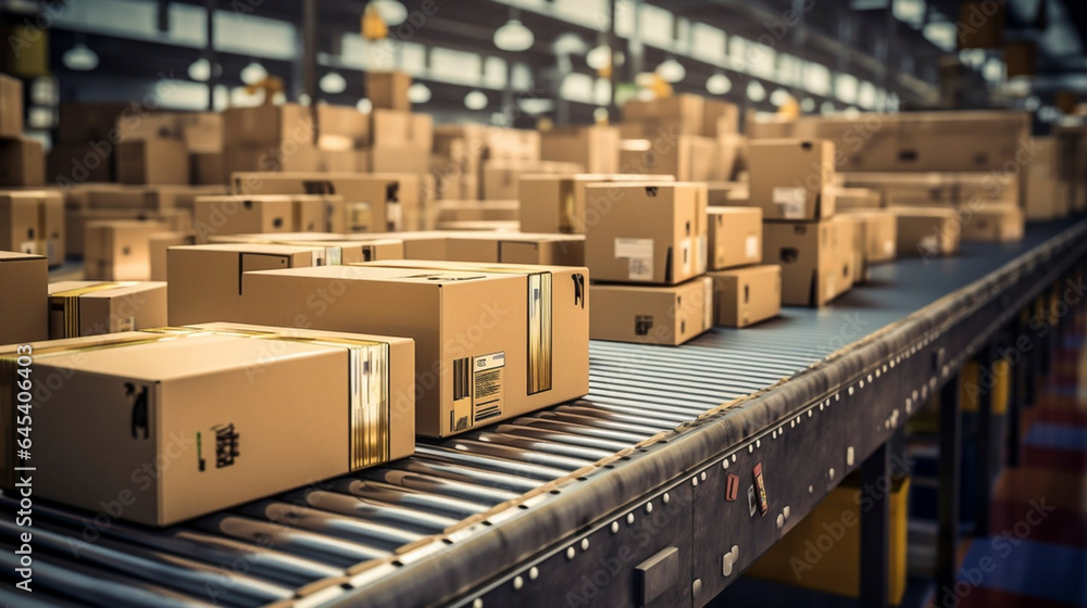 a photo of a post delivery service warehouse shelves filled with cardboard boxes and packages packets moving on a conveyor belt for sorting a photo of a post delivery service warehouse shelves filled with cardboard boxes and packages packets moving on a conveyor belt for sorting