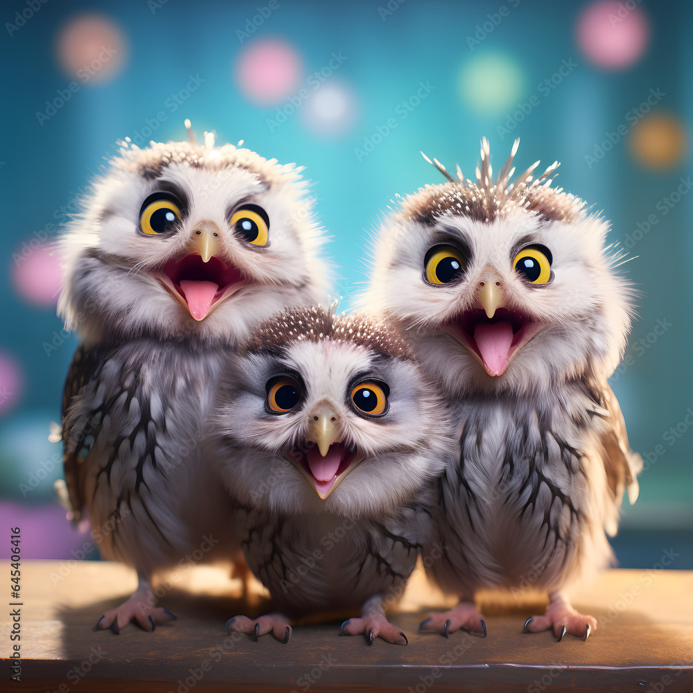Naklejka premium three beautiful little colorful cheerful owls