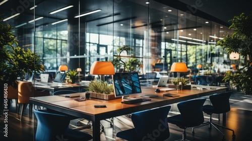 Blurred interior of a modern office workplace coworking space design with ornate partitions