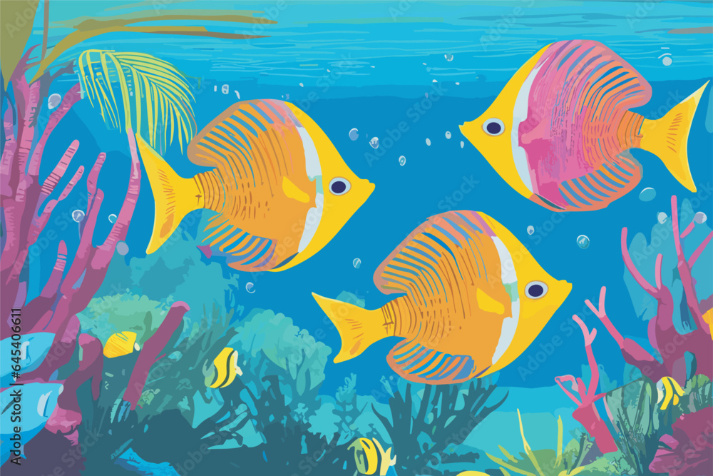 Naklejka premium Vector tropical fish, algae, corals and sea anemones on the seabed. The underwater world of the coral reef. Aquarium.