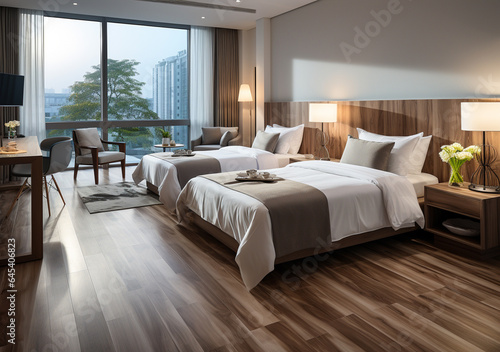 AI Generative. Interior design of modern and minimalist hotel, condo, apartment and home bedroom. Twin sharing bed. Clean and tidy. Comfortable and cozy.