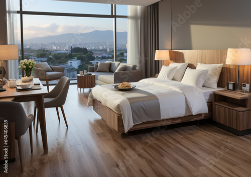 AI Generative. Interior design of modern and minimalist hotel, condo, apartment and home bedroom. King size bed. Clean and tidy. Comfortable and cozy. photo