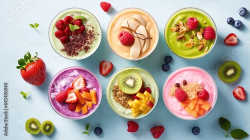  a variety of fruits and yogurt in small bowls.  generative ai