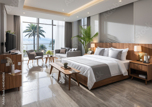 AI Generative. Interior design of modern and minimalist hotel, condo, apartment and home bedroom. King size bed. Clean and tidy. Comfortable and cozy.