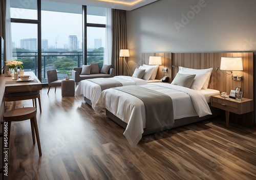 AI Generative. Interior design of modern and minimalist hotel, condo, apartment and home bedroom. Twin sharing bed. Clean and tidy. Comfortable and cozy. © Jaiz Anuar