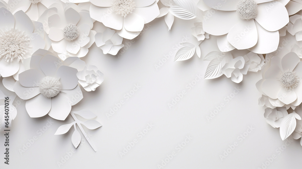 Paper cut flowers and leaves, Fresh spring nature background. Floral banner, poster, flyer template with copy space. Paper cut flowers and leaves, Fresh spring nature background. Floral banner, poster, flyer template with copy space.