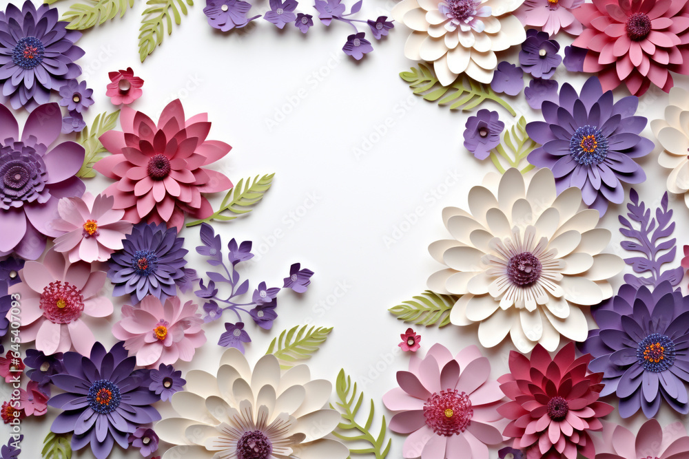 Paper cut flowers and leaves, Fresh spring nature background. Floral banner, poster, flyer template with copy space. Paper cut flowers and leaves, Fresh spring nature background. Floral banner, poster, flyer template with copy space.