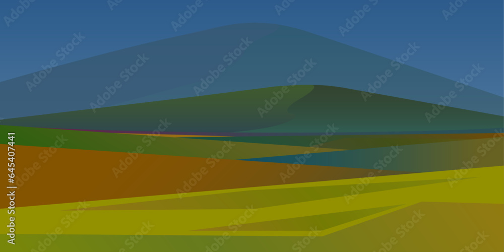 Summer abstract landscape banner and poster illustration. Travel and camping background. Mountain valley wallpaper. Ecology vector