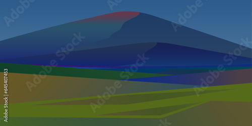 Mountain valley panorama landscape vector illustration. Flat design background and wallpaper. Sunrise and sunset at morning and evening time