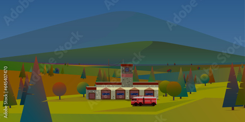 Fire station vector illustration. Autumn ecology mountain valley landscape