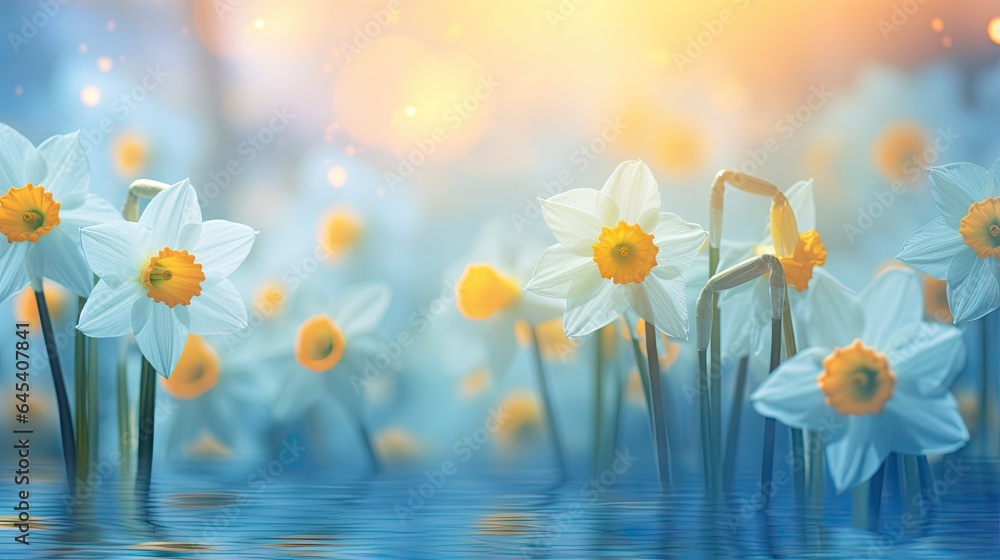  a painting of white and yellow daffodils in the water.  generative ai - obrazy, fototapety, plakaty 