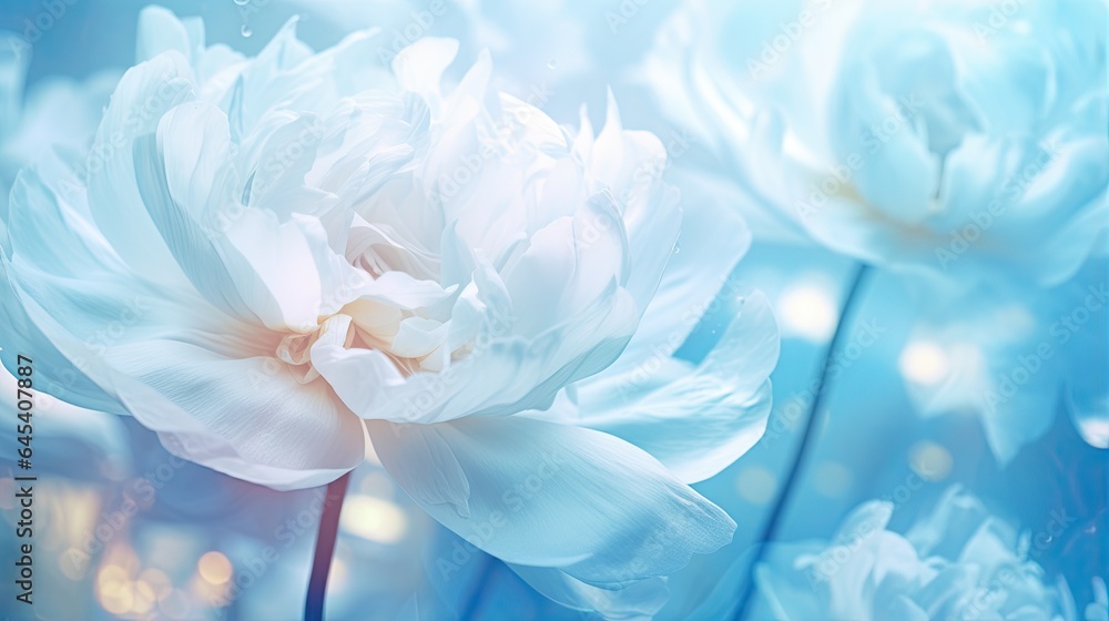  a close up of a white flower on a blue background.  generative ai
