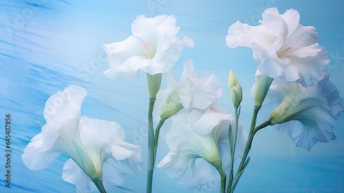  a group of white flowers sitting on top of a blue surface.  generative ai