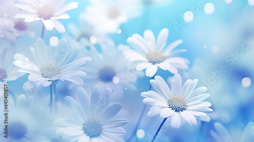  a bunch of white daisies in a blue and white background.  generative ai