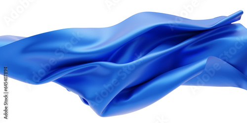 Beautiful flowing fabric flying in the wind. Blue color wavy silk or satin. Abstract element for design. 3D rendering image. Image isolated on a transparent  background.