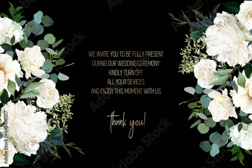 Classic white peony, ivory rose flowers, cedar branch, eucalyptus, fern, salal, greenery vector design.