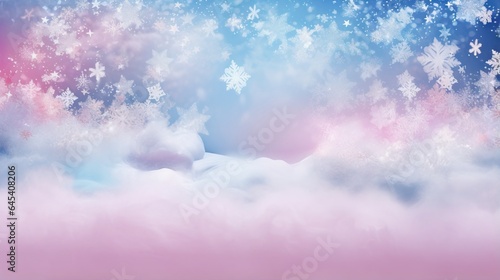  a blue and pink background with snowflakes and clouds.  generative ai © Shanti