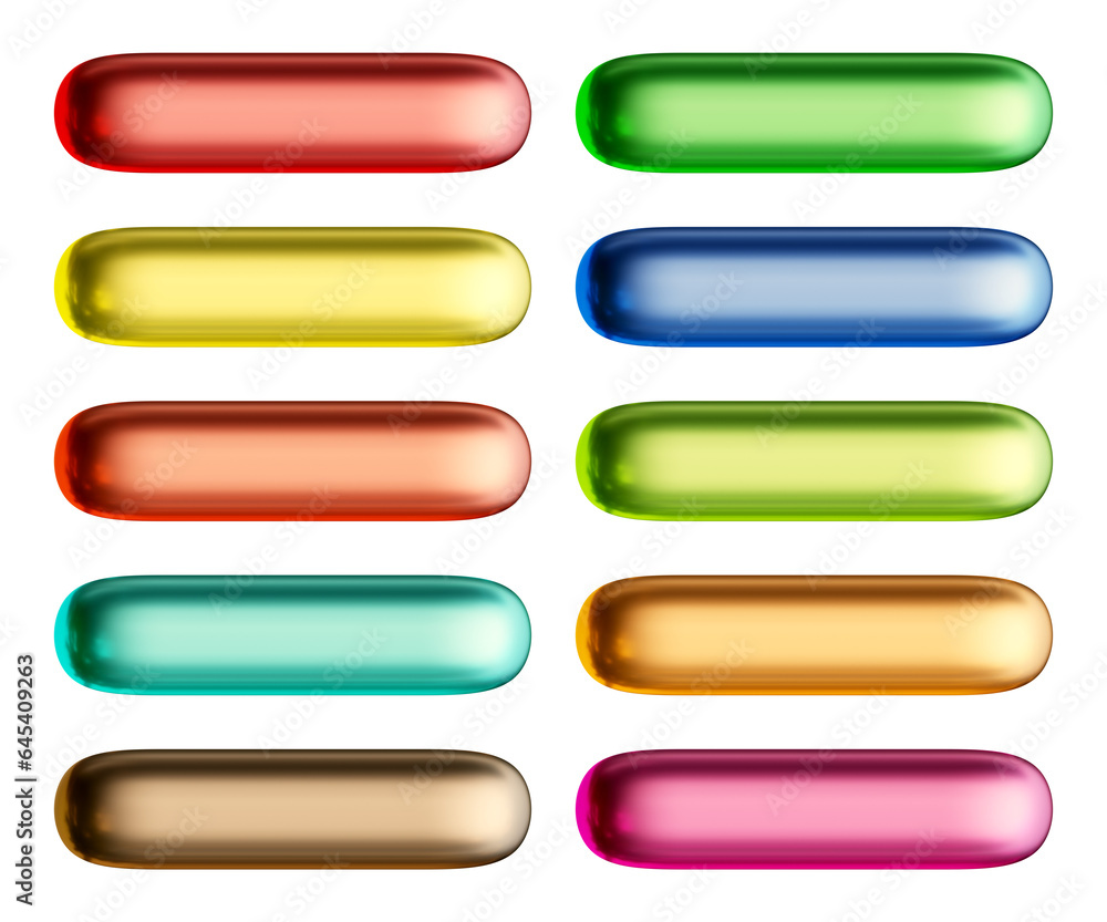 Set of round rectangle shape buttons in 3d rendering isolated on transparent background for text, infographic, web and frame concept.
Set of round rectangle shape buttons in 3d rendering isolated on transparent background for text, infographic, web and frame concept.