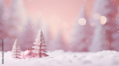  a pink christmas ornament in the snow with trees in the background. generative ai