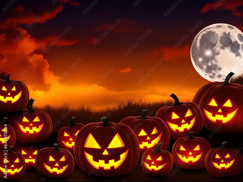 Halloween night with Jack-o'-lanterns and full moon. Halloween night with Jack-o'-lanterns and full moon.