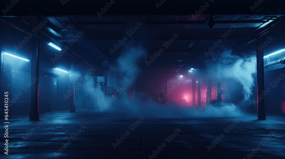 Empty street for presentation product. Neon Light, Fog with copy space.