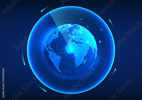 Earth technology. Globe overlaid with radar. Refers to GPS technology that can tell the location of the destination to travel to or the user's location in which corner of the world.