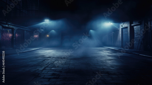 Empty street for presentation product. Neon Light, Fog with copy space.