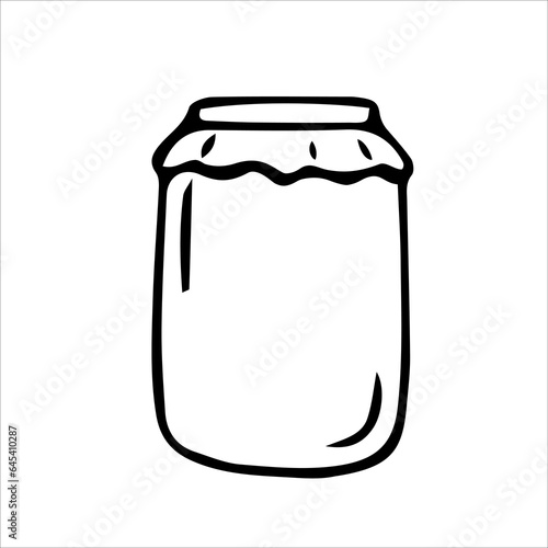 A jar of homemade jam. Vector black-and-white hand-drawn illustration. Isolated object. Clipart, template, sketch, icon, logo. a shadow.