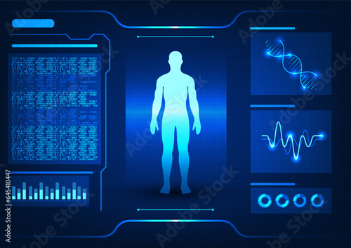 Medical technology The Human body is scanned with number code and wave graph Depicts medical technology that scans the human body to diagnose diseases and treat patients.