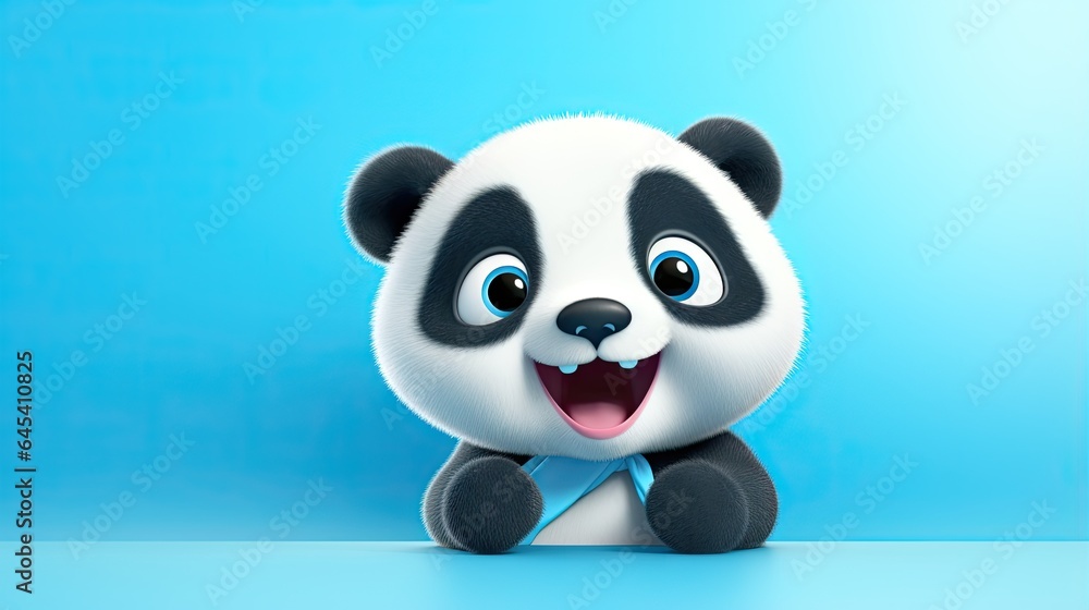 a cartoon panda bear sitting on a blue surface with his mouth open. generative ai a cartoon panda bear sitting on a blue surface with his mouth open. generative ai