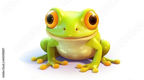  a green frog with orange eyes sitting on the ground with a white background. generative ai