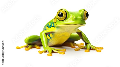  a green frog with a yellow and blue stripe around its eyes. generative ai