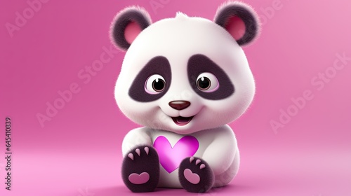  a cute panda bear holding a heart on a pink background.  generative ai