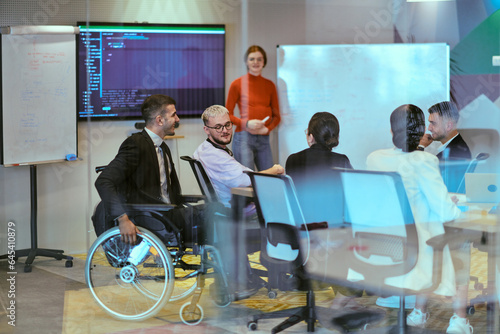 A pregnant business woman with orange hair confidently presents her business plan to colleagues in a modern glass office, embodying entrepreneurship and innovation