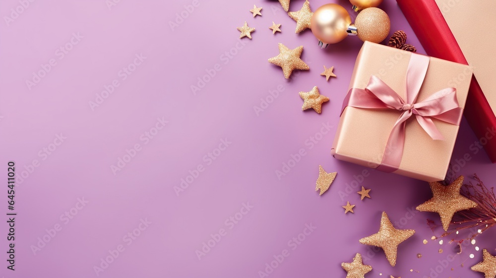 a pink present box with a pink bow and gold stars on a purple background. generative ai a pink present box with a pink bow and gold stars on a purple background. generative ai