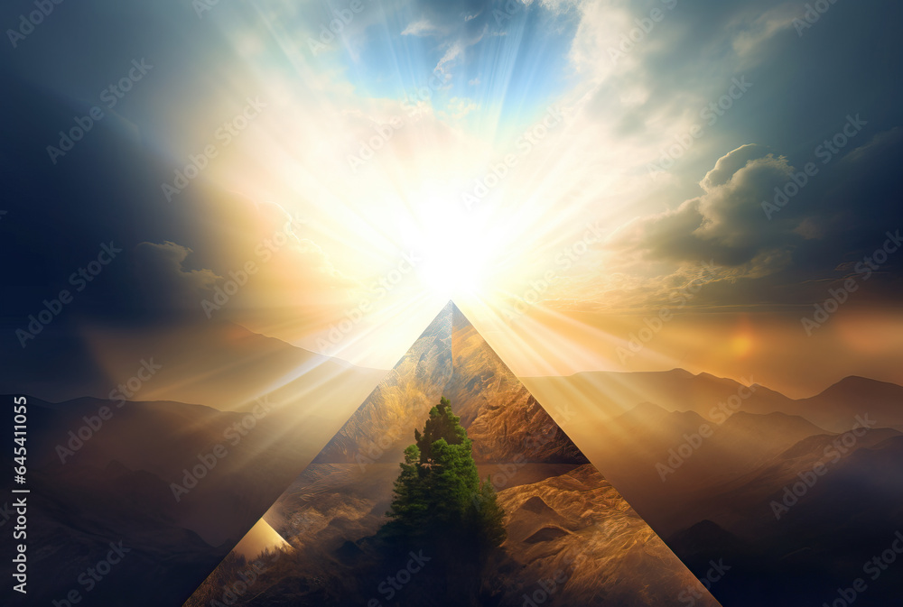 A pyramid illusion of the forest with bursting bright light from the sky above