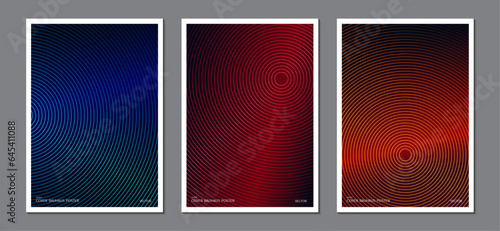 Posters design with glowing multicolor abstract geometric curves on dark gradient background. Ideas for magazine covers, brochures and posters.