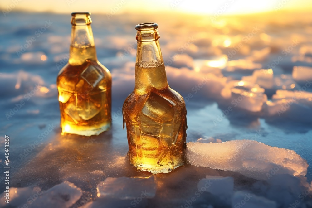 Two bottles of beer on ice Two bottles of beer on ice